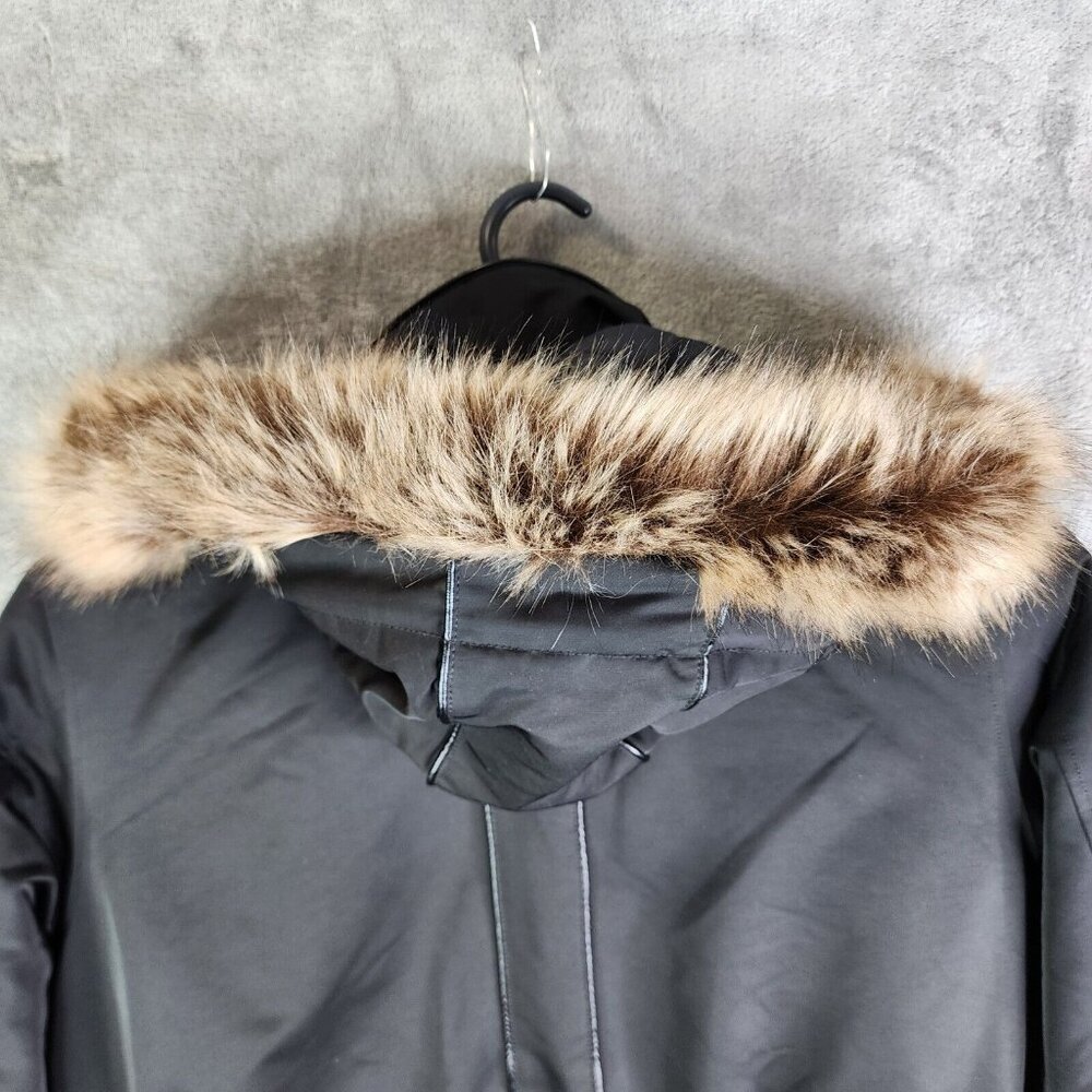 Womens Ellos Black Full Zip & Button Parka Jacket Faux Fur Hood Polyester 20 - Picture 6 of 9